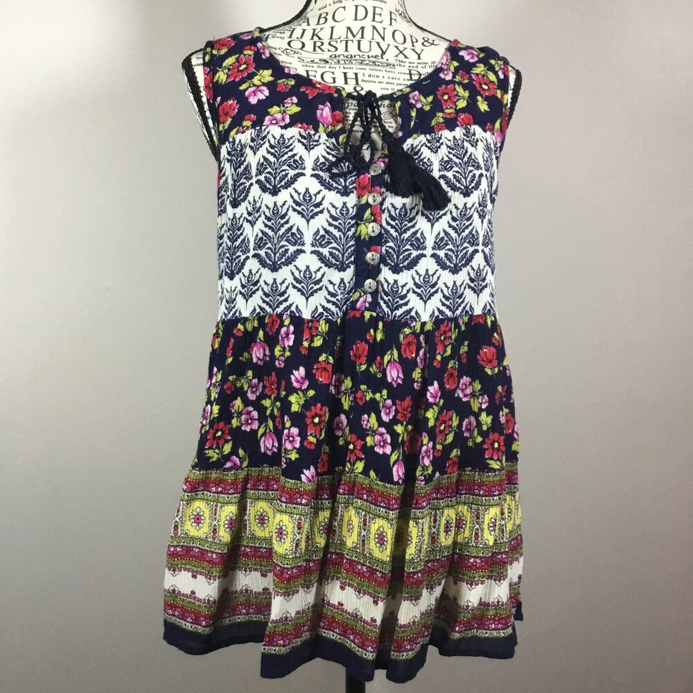 Bila sleeveless tie front patchwork floaty hippie boho tunic top sz S oversized